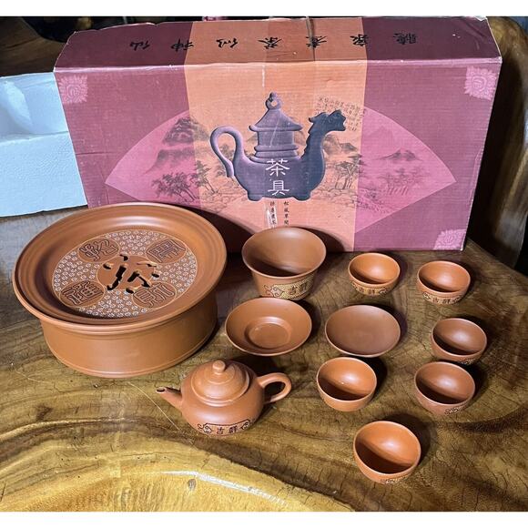 ASIAN SERVING SET Clay Stoneware Rice Warmer Sauce Bowl Lid Saucer 6 Mini Cups & - Picture 2 of 10